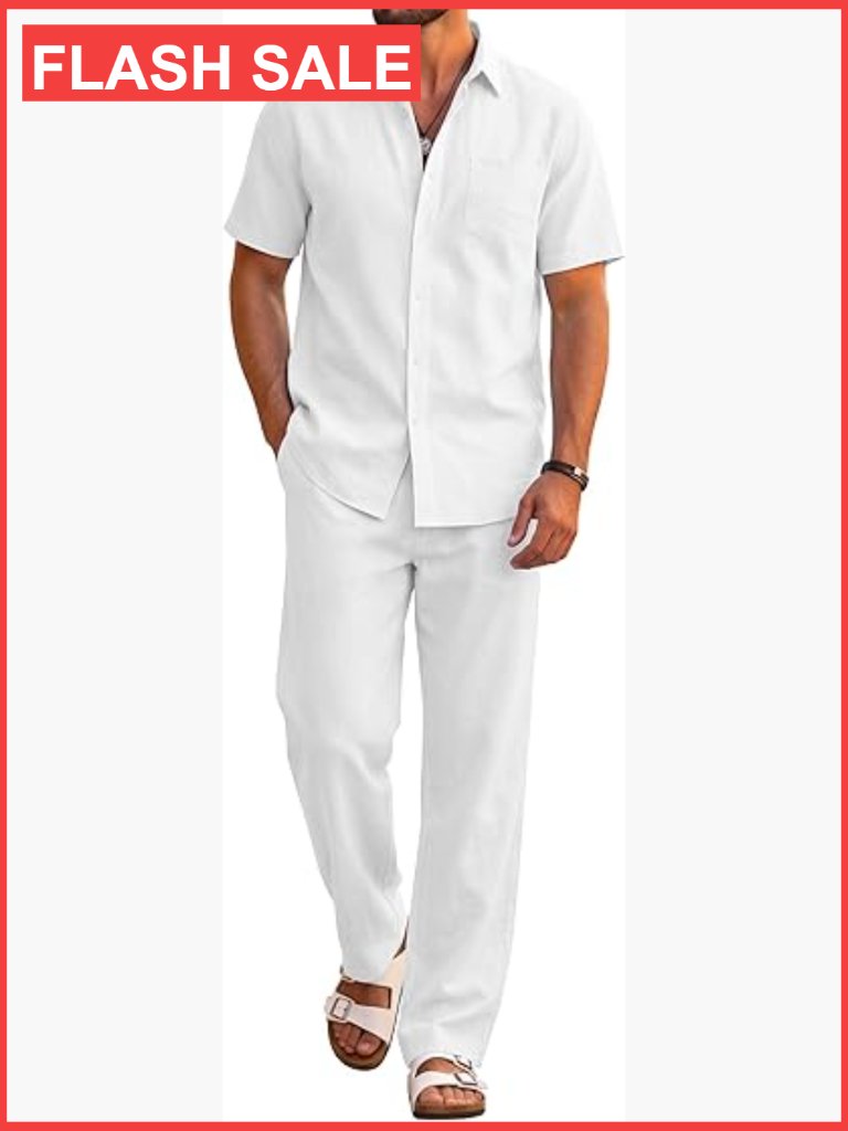 Men's 2 Piece Cotton Short Sleeve Button Down & Pants Set Summer Outfit